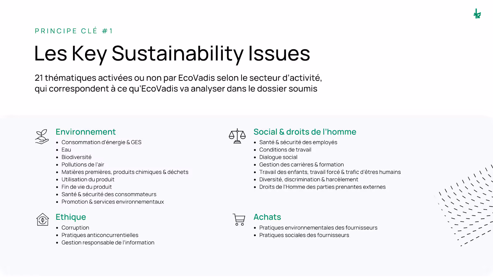 Aperçu visuel des 21 principaux enjeux de durabilité d'EcoVadis, incluant l'environnement, l'éthique, les droits sociaux et humains, ainsi que les achats