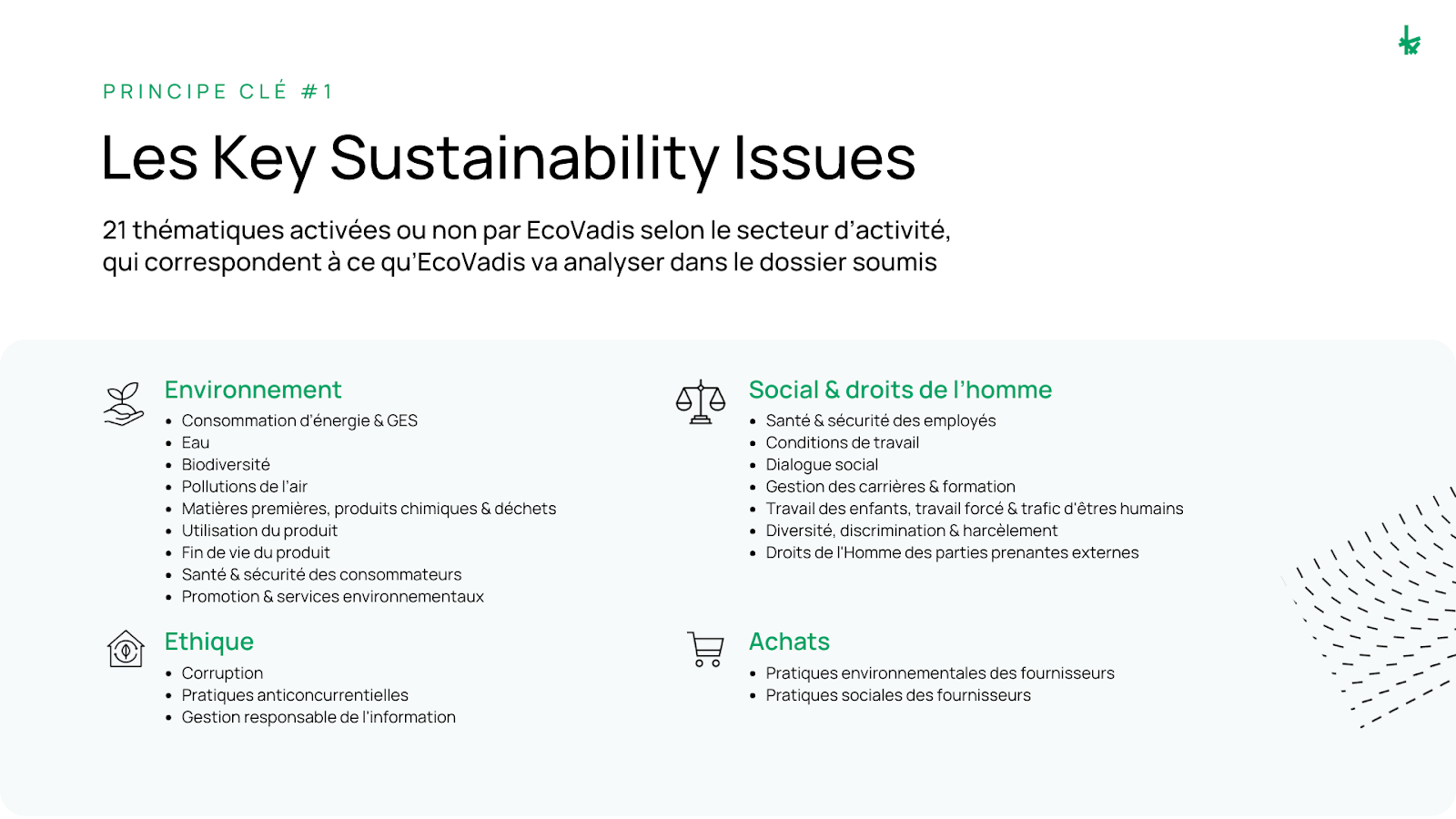 Aperçu visuel des 21 principaux enjeux de durabilité d'EcoVadis, incluant l'environnement, l'éthique, les droits sociaux et humains, ainsi que les achats