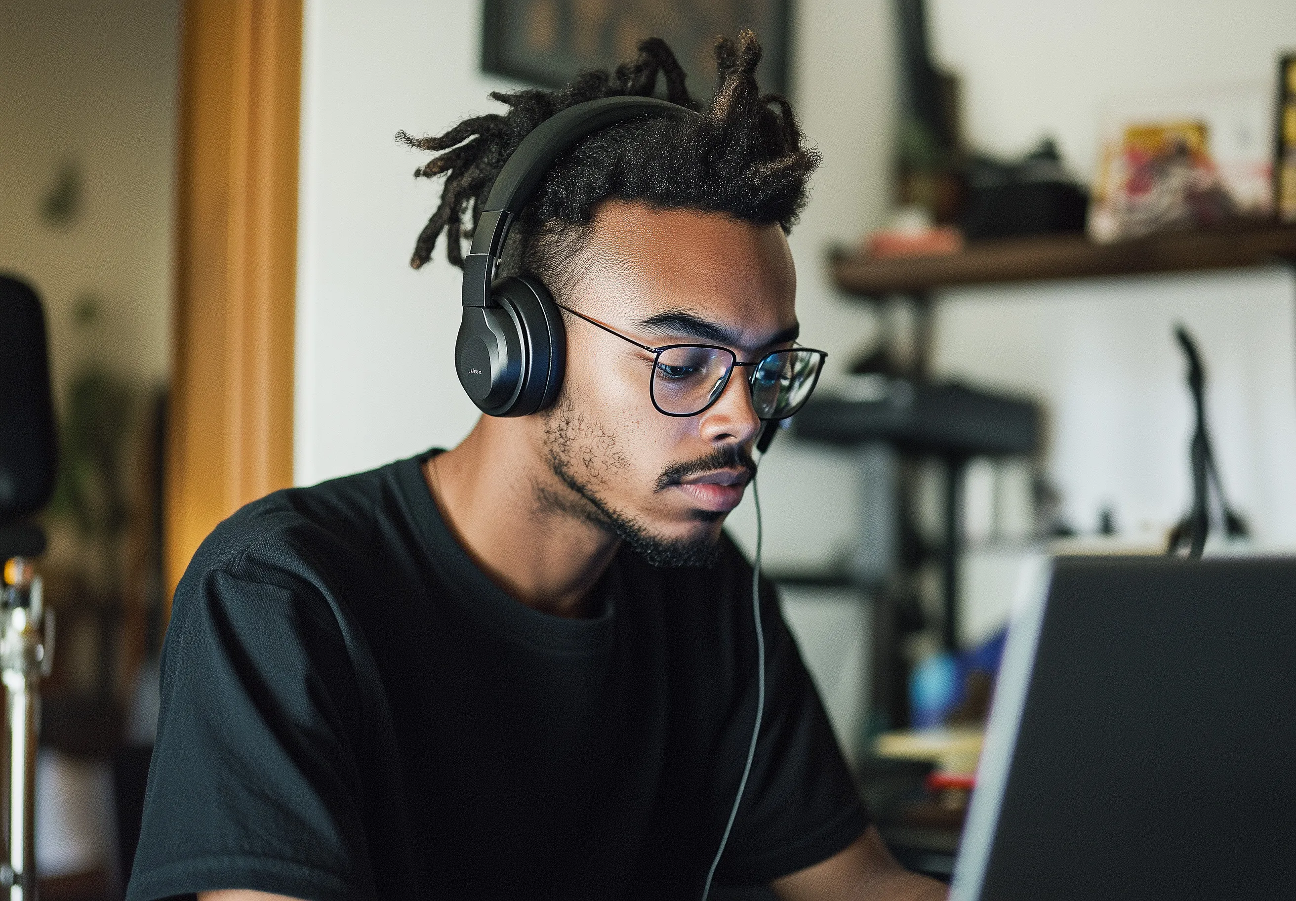 Young music producer focused on his digital audio workstation with headphones on.