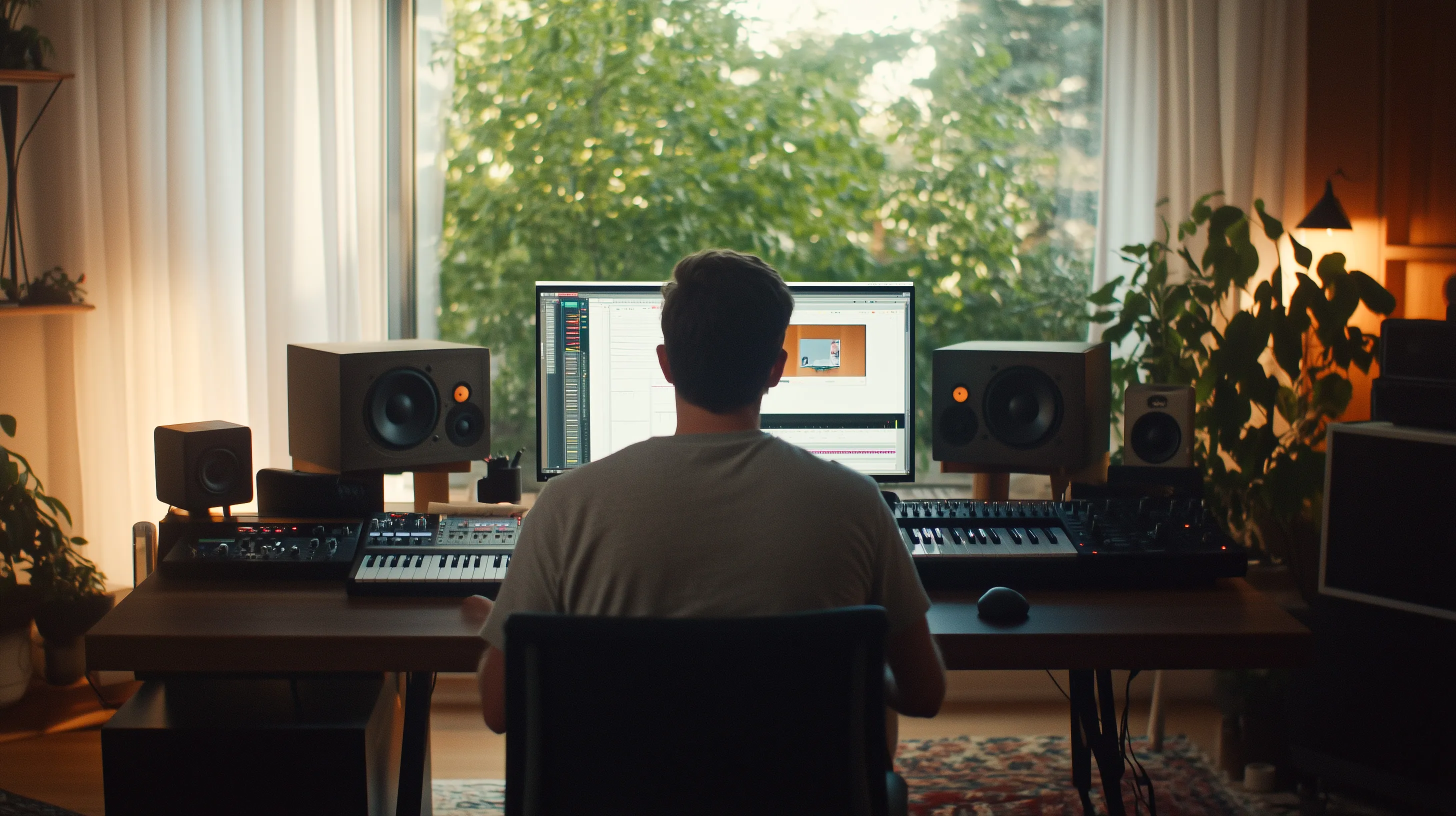 Music producer working in a cozy home studio surrounded by nature.