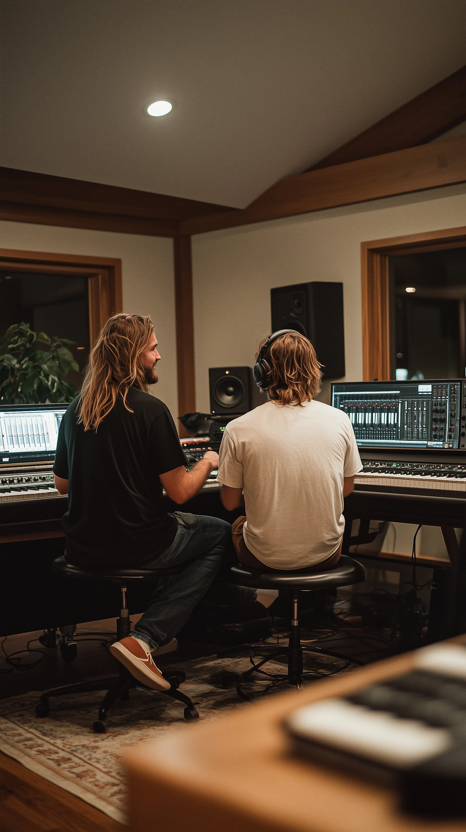 Two musicians working together at a large mixing console in a recording studio.
