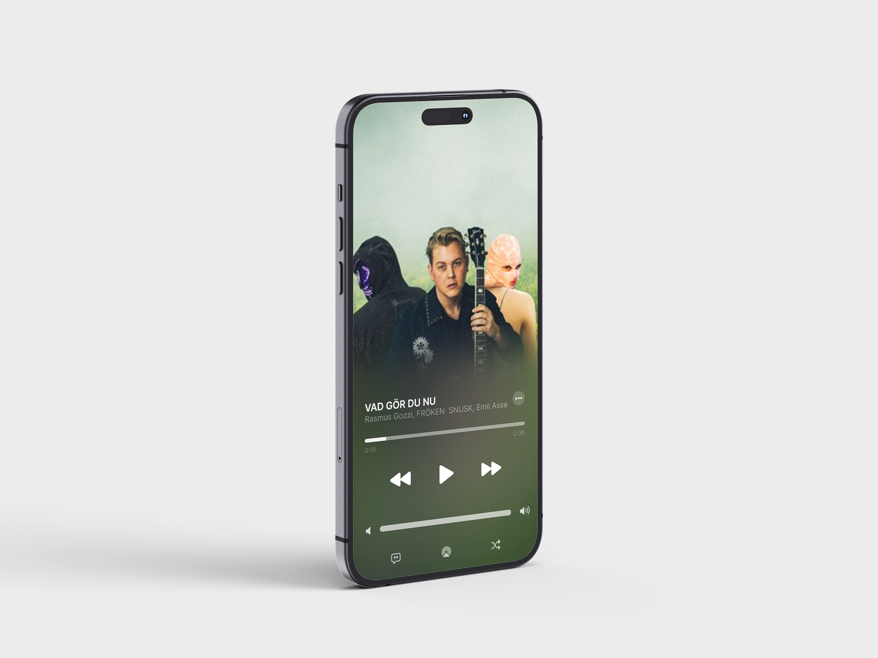 Modern iPhone mockup showing a dark-themed music streaming interface. Perfect for showcasing mobile audio playback, streaming-ready mastering, and the final listener experience in a professional music production portfolio.