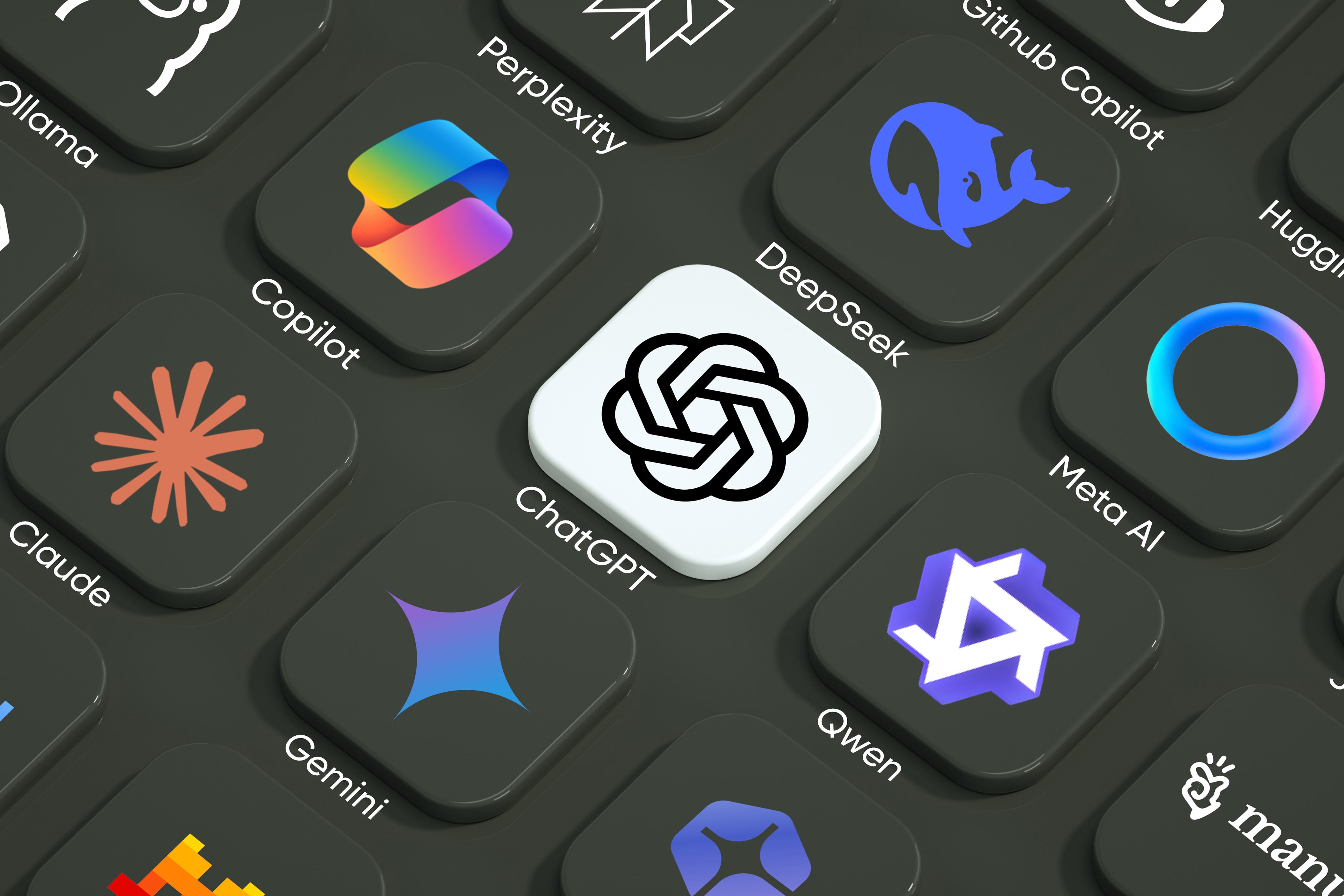 Übersicht verschiedener LLM- und KI-Plattformen wie ChatGPT und Perplexity als Symbol für LLM-Optimierung