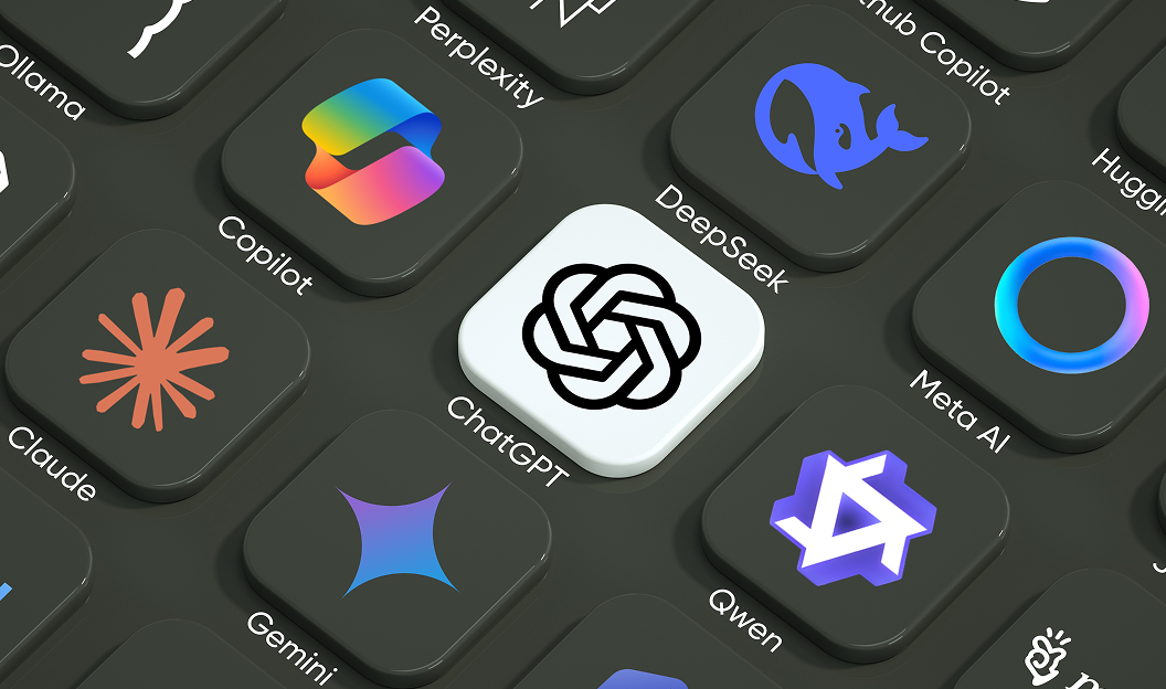 Symbole von KI- und LLM-Apps wie ChatGPT und Perplexity für Entity- und Prompt-Optimierung