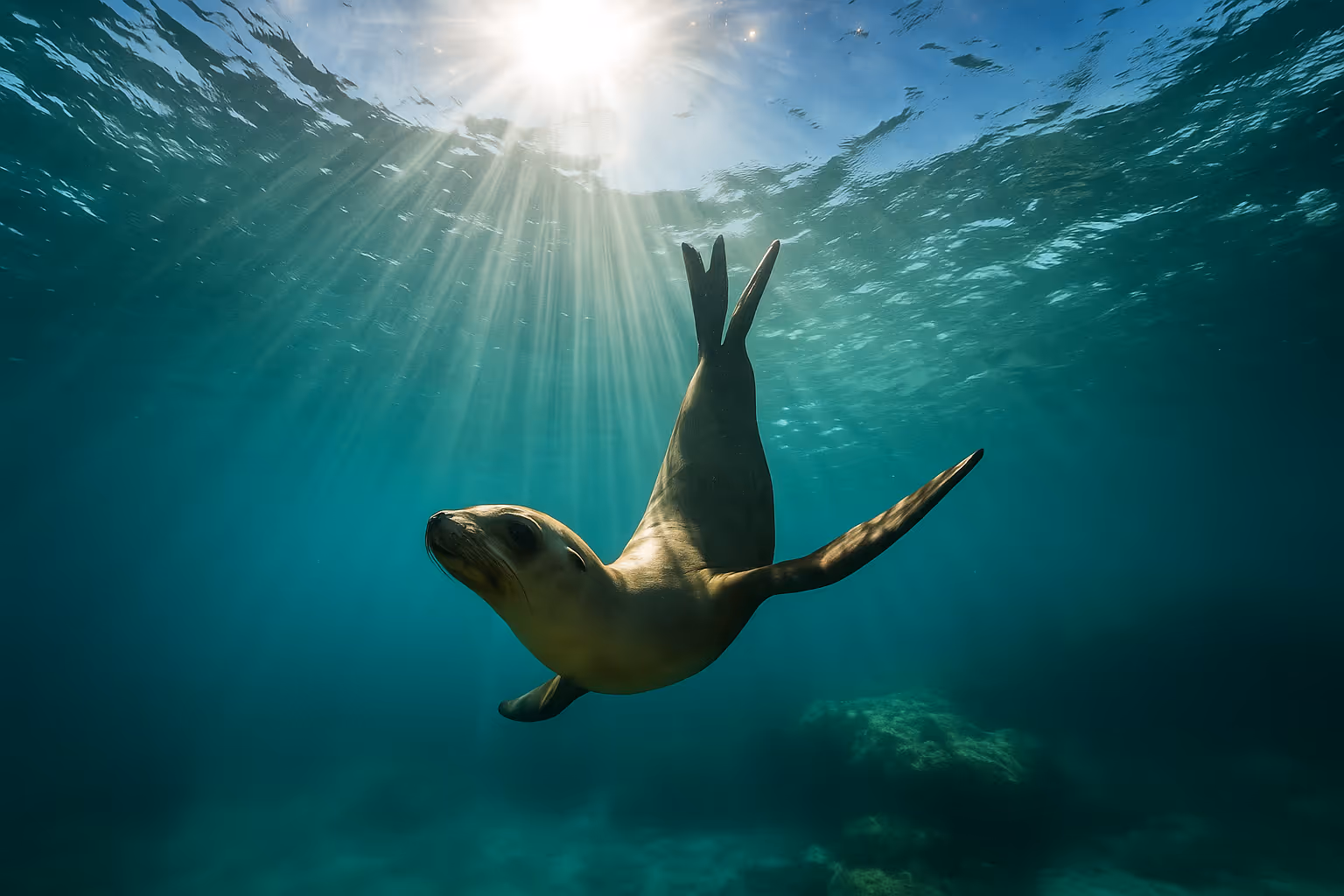 A playful seal swimming in the shallows, in socorro islands, Mexico.