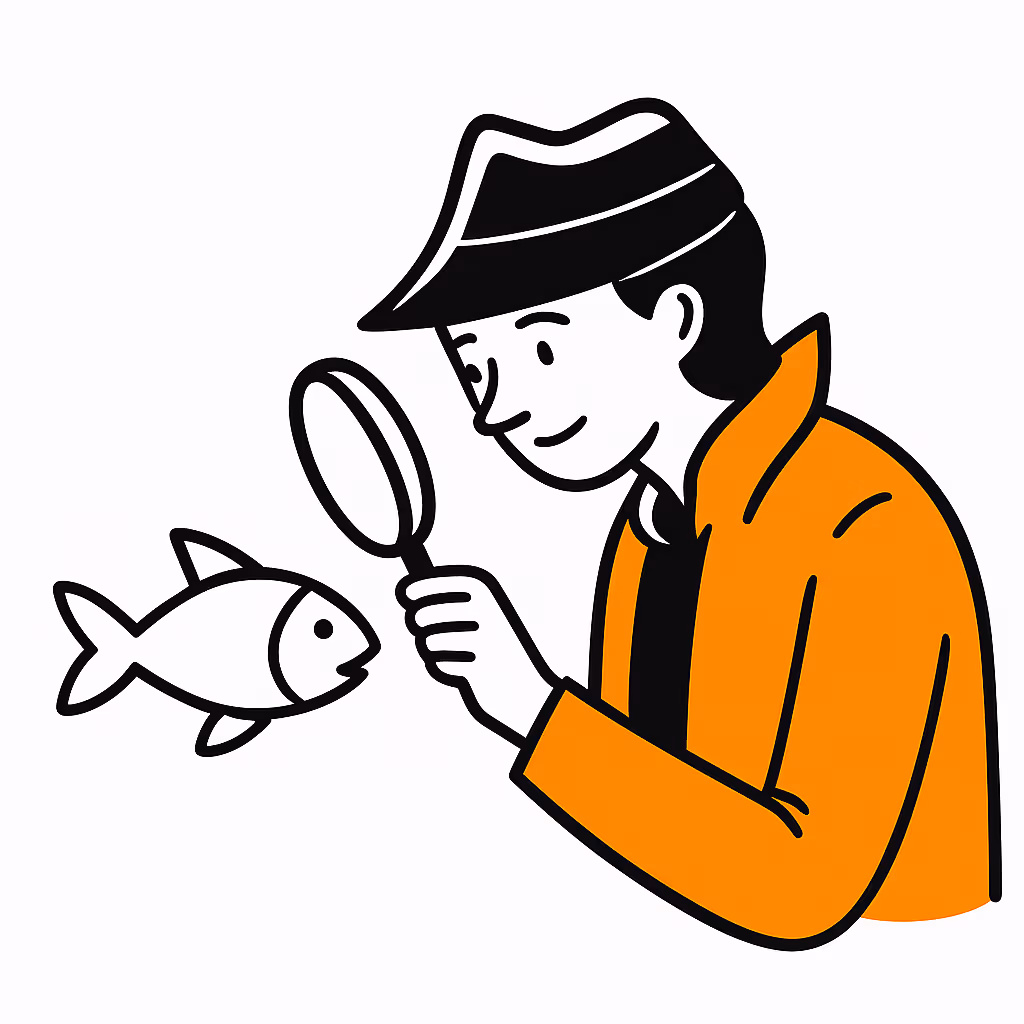 Illustration of person inspecting a fish with magnifying glass