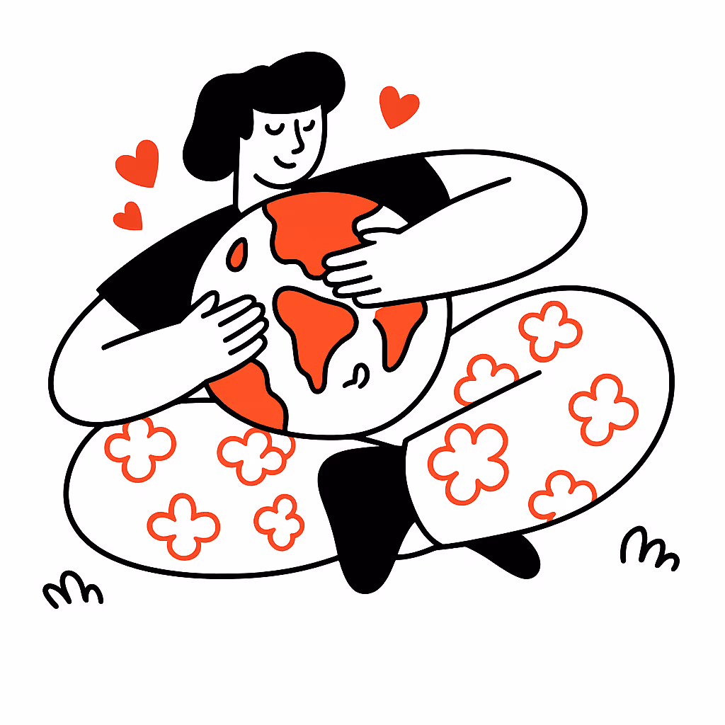 A cute illustration of a woman hugging the world.