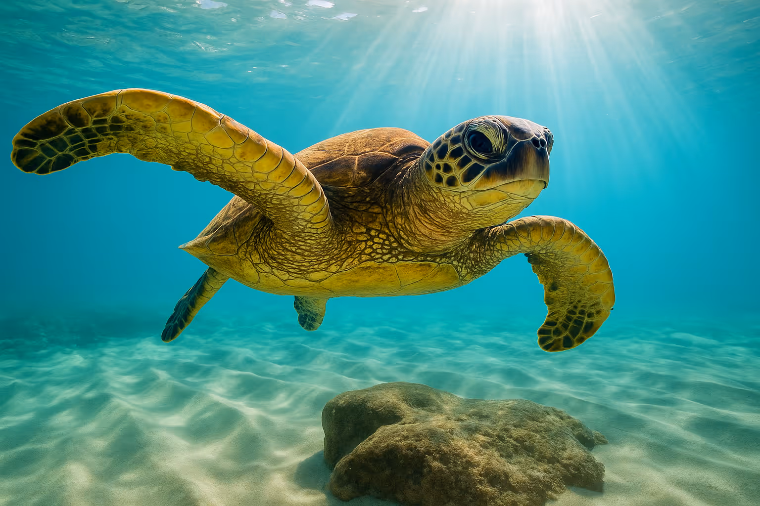 Pretty turtle swimming in shallow water, Maldives at one of the many atolls.