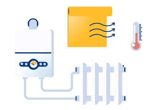 Illustratie van een CV, isolatie, verwarming en thermostaat