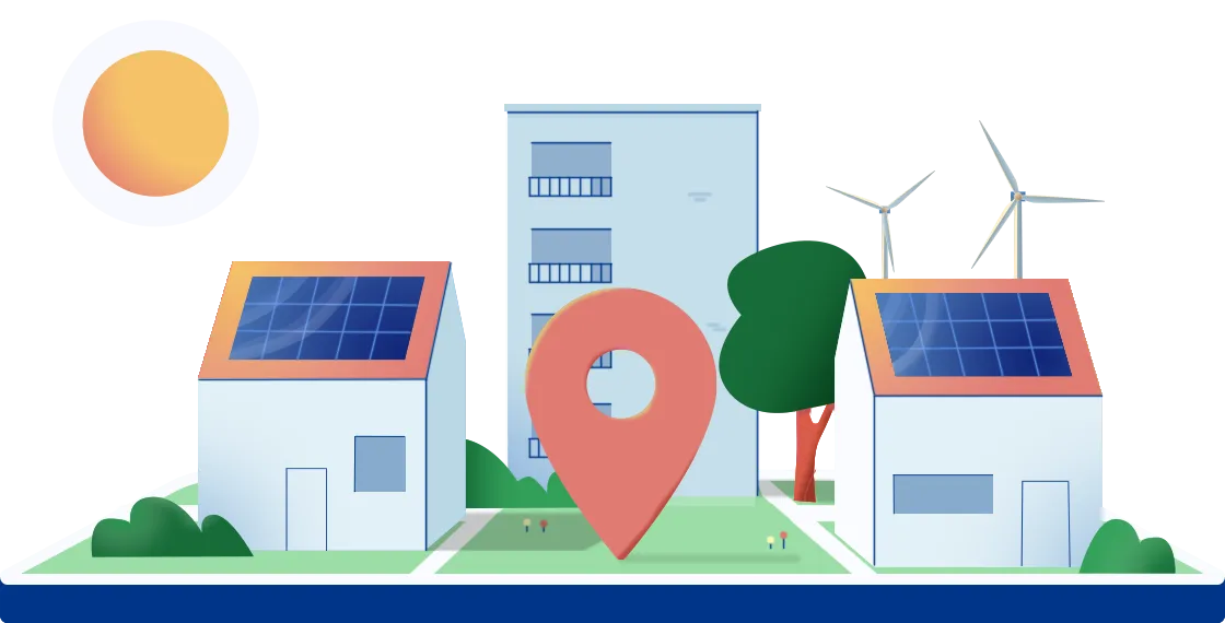 Een kaart met huizen in een duurzame buurt