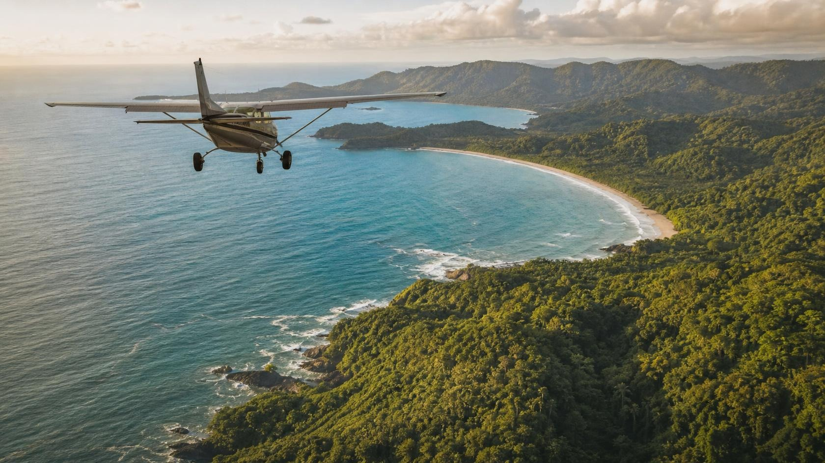 Small private plane flying over Costa Rica Nicoya Peninsula Pacific coast Santa Teresa
