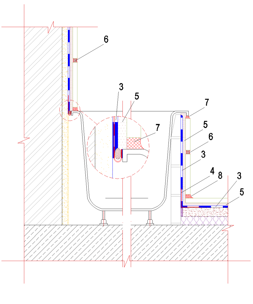 3.0.15 Detail napojení plošné hydroizolace na vanu nebo sprchovou vaničku
