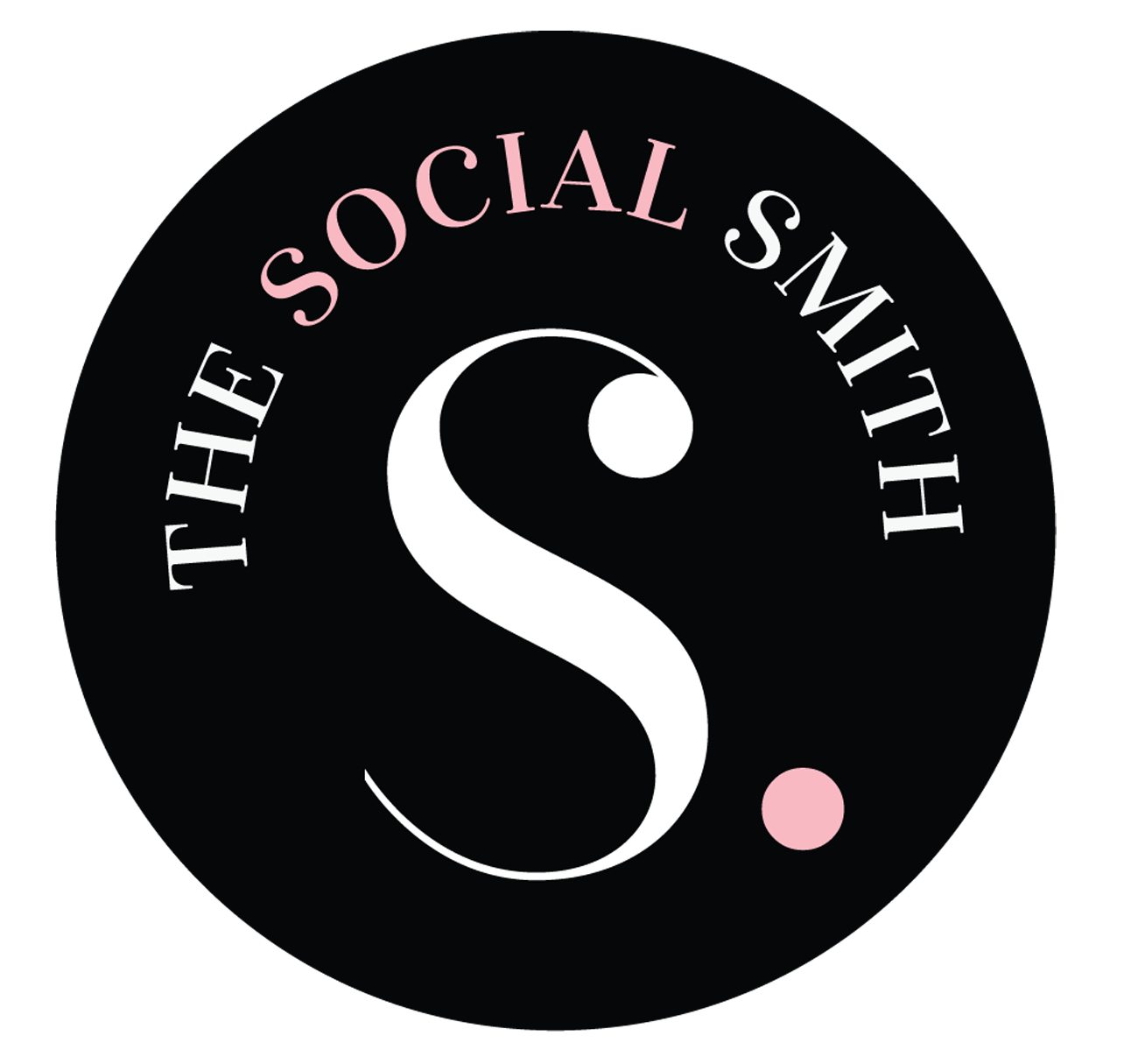 Company logo for The Social Smith: White and pink logotype on circular black background.