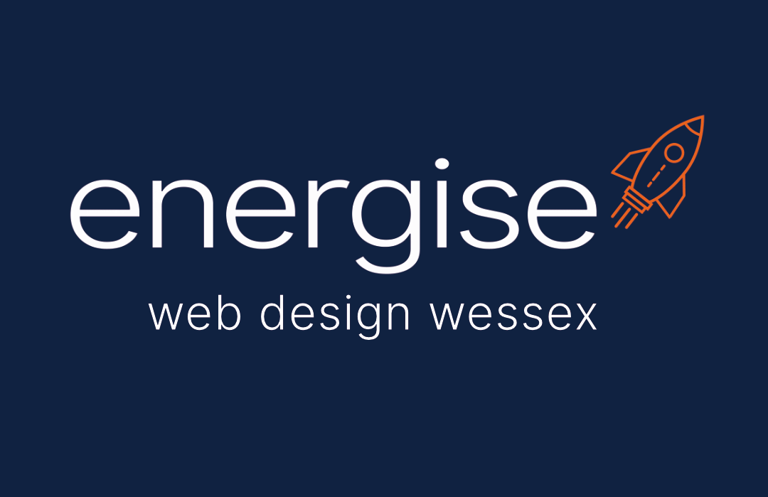 Company logo for Energise Web Design Wessex: White logotype and orange rocket on royal blue background.