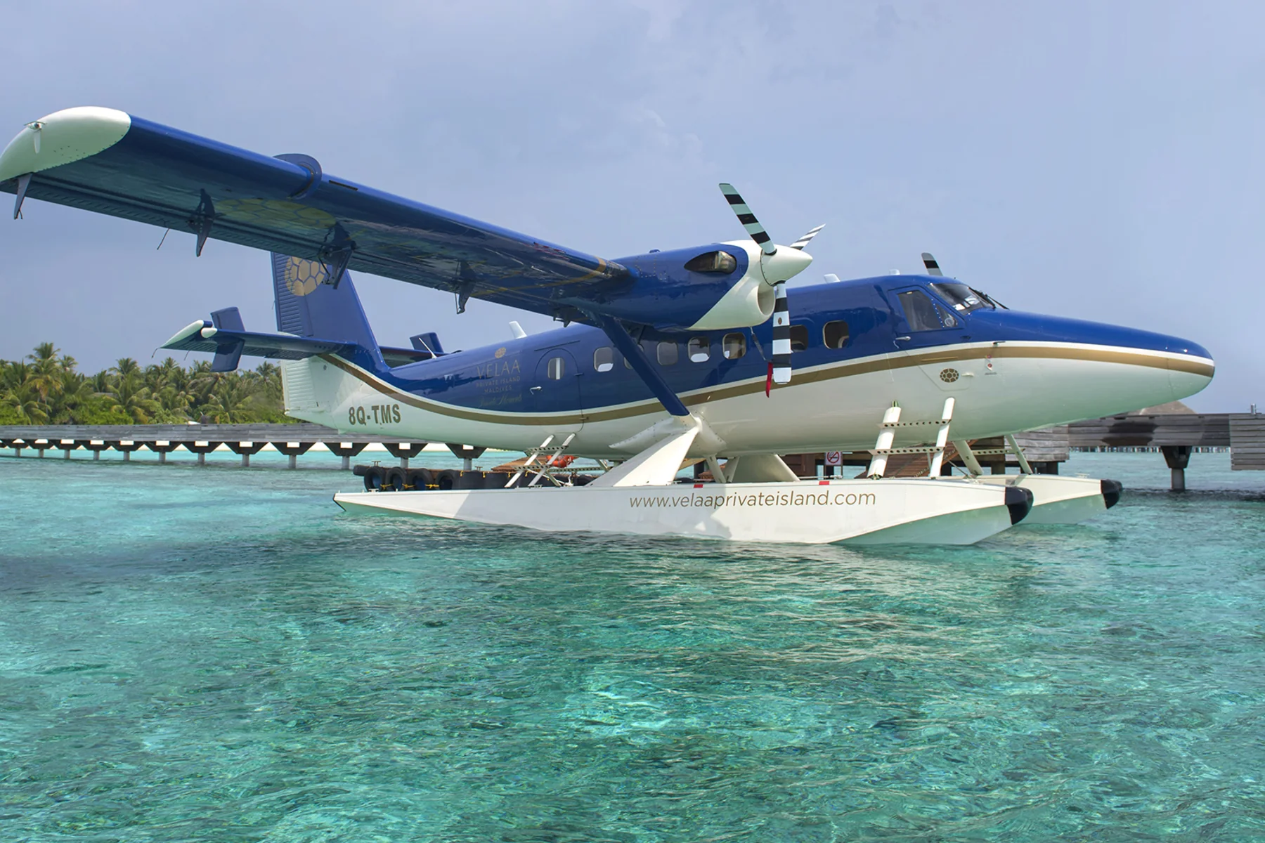 The Velaa seaplane on the water in the Maldives