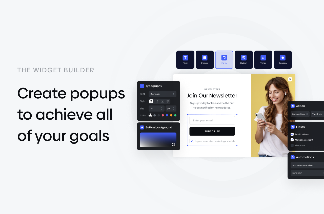 Popup builder with editable text, form, and design elements.