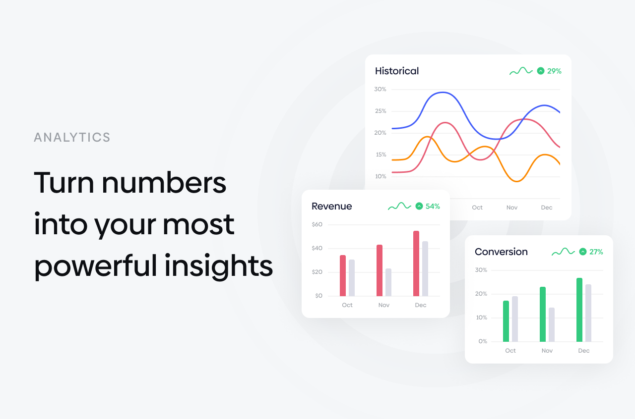 Analytics dashboard showing revenue and conversion charts.