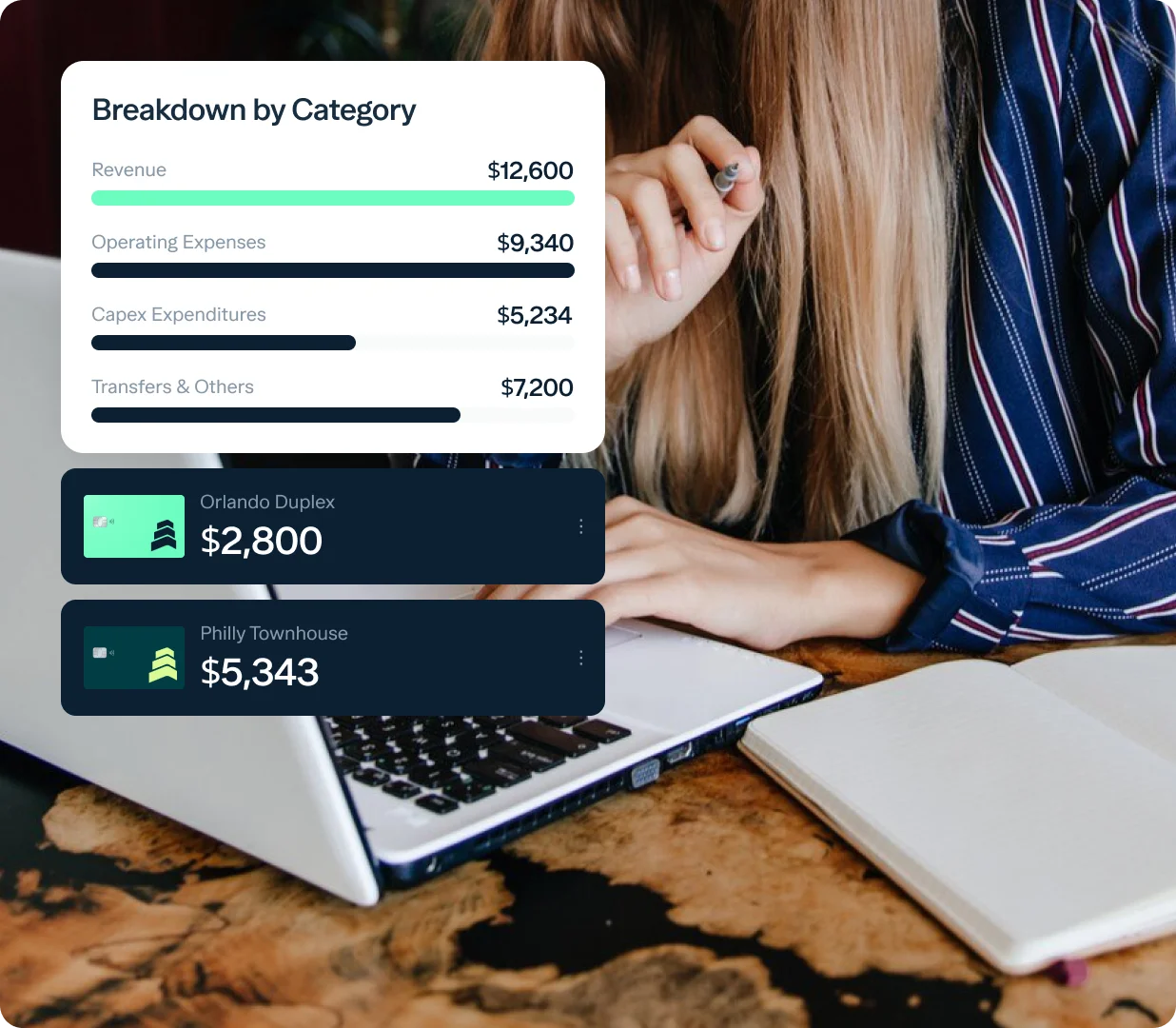 Woman at laptop with breakdown of accounts