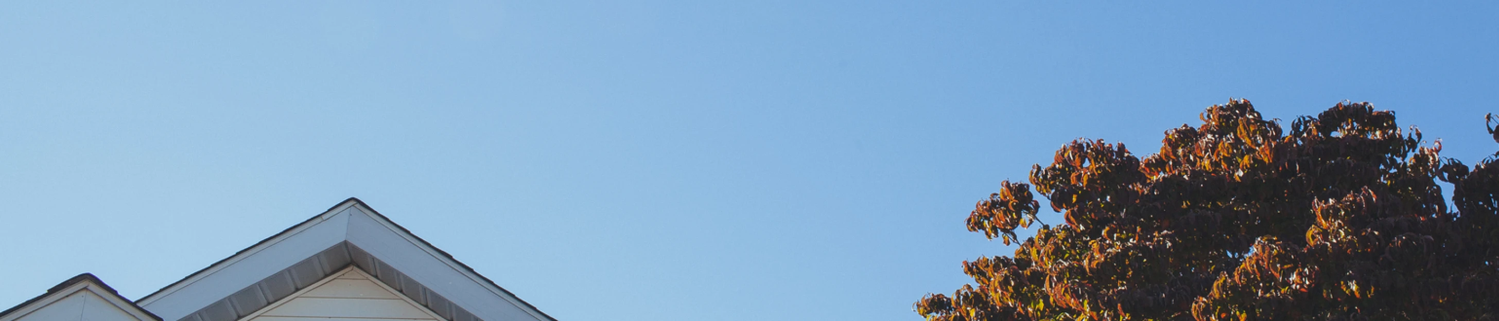 Corner of a white house roof against a clear blue sky with a tree showing autumn-colored leaves on the right.
