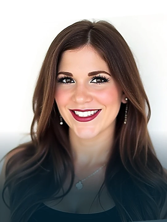 Smiling woman with long brown hair, wearing pearl earrings and a necklace with a flower pendant.