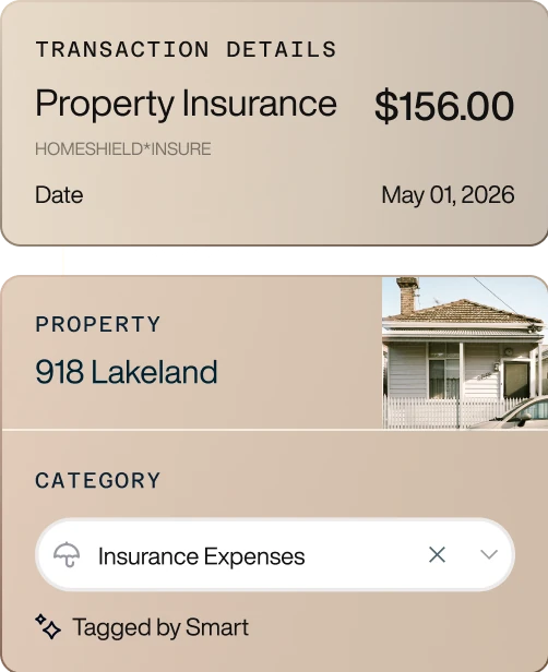 Transaction details showing property insurance payment of $156.00 for 918 Lakeland on May 01, 2026, categorized under insurance expenses with a photo of a house.