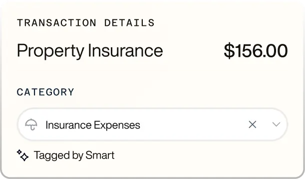 Transaction details showing Property Insurance with an amount of $156.00 categorized under Insurance Expenses and tagged by Smart.