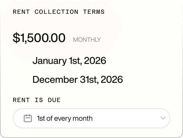 Rent collection terms showing $1,500 monthly rent due from January 1st to December 31st, 2026, with rent due on the 1st of every month.