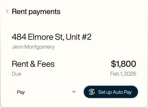 Mobile screen showing rent payment details for 484 Elmore St, Unit #2, tenant Jenn Montgomery, with rent and fees of $1,800 due on Feb 1, 2026, and a button to set up auto pay.