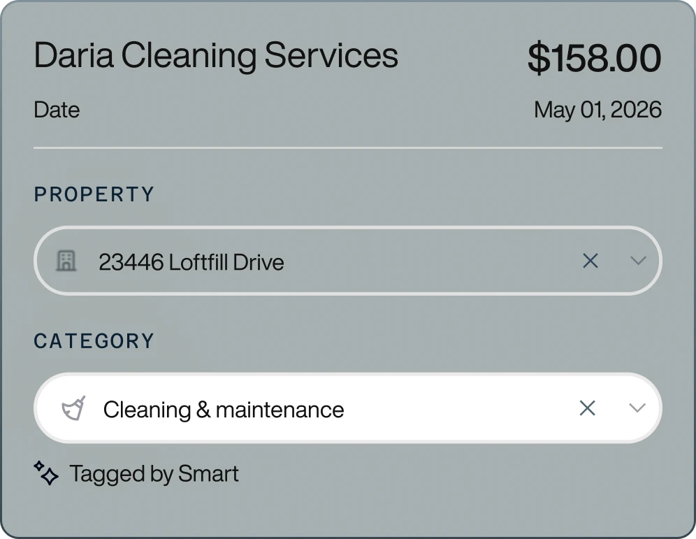 Daria Cleaning Services receipt showing $158.00 for property at 23446 Loftfill Drive, category cleaning and maintenance, dated May 01, 2026.
