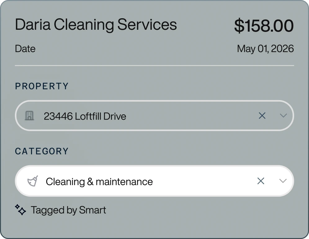 Daria Cleaning Services receipt showing $158.00 for property at 23446 Loftfill Drive, category cleaning and maintenance, dated May 01, 2026.