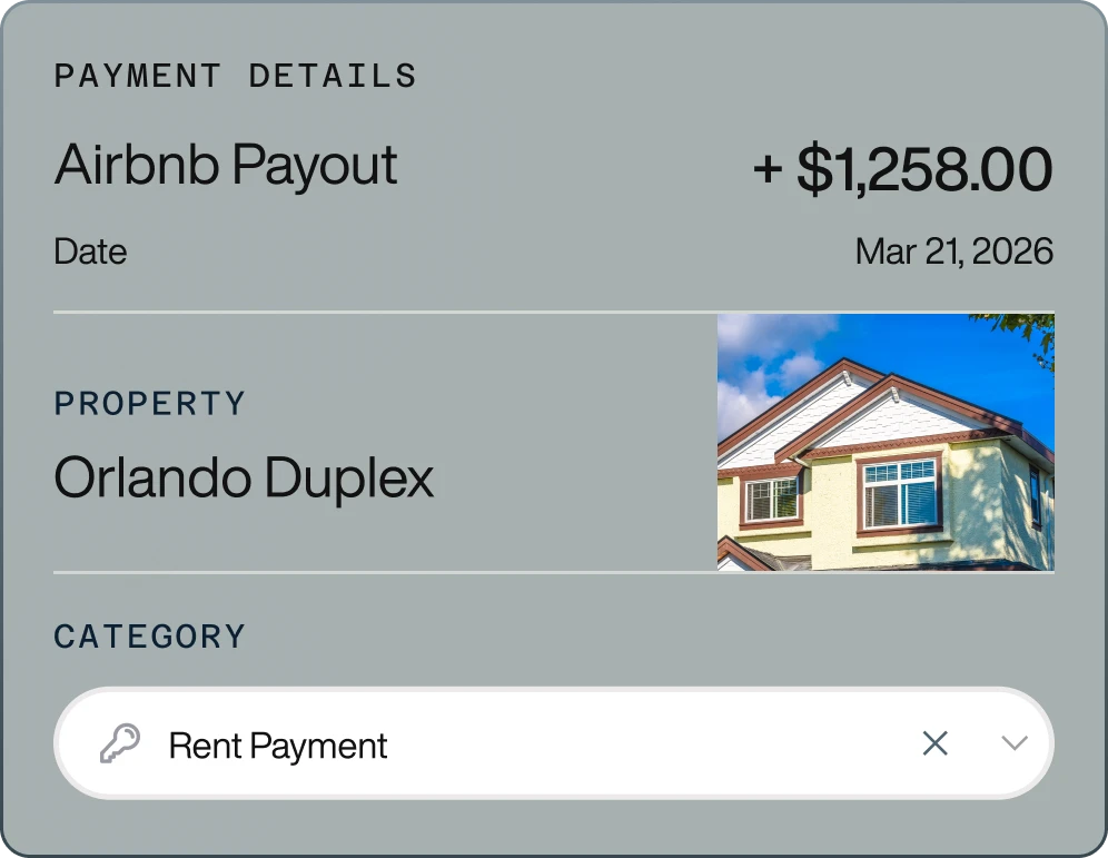 Payment details showing Airbnb payout of $1,258.00 for Orlando Duplex property on Mar 21, 2026, categorized as rent payment.