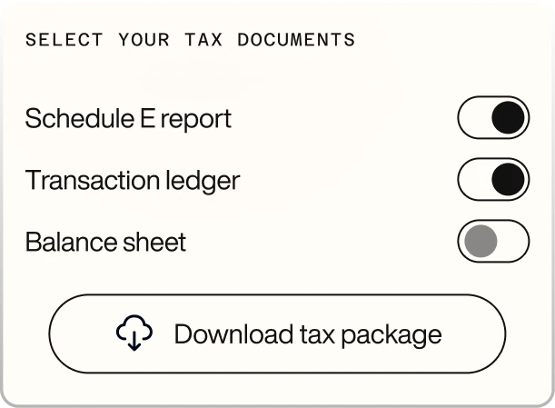 User interface screen titled 'Select Your Tax Documents' with toggles for Schedule E report and Transaction ledger turned on, Balance sheet toggle turned off, and a button to download the tax package.