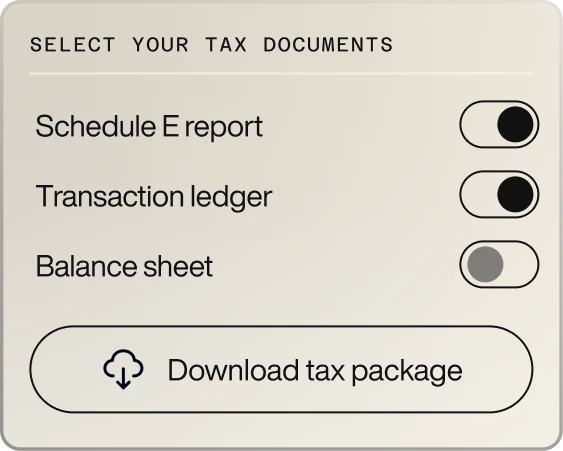 Interface with options to select tax documents: Schedule E report and Transaction ledger toggled on, Balance sheet toggled off, and a button to download the tax package.