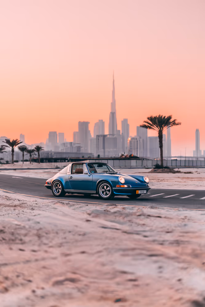 Porsche G-Model Restomod by PRINZIP R (RG) front view with the dubai skyline in the back