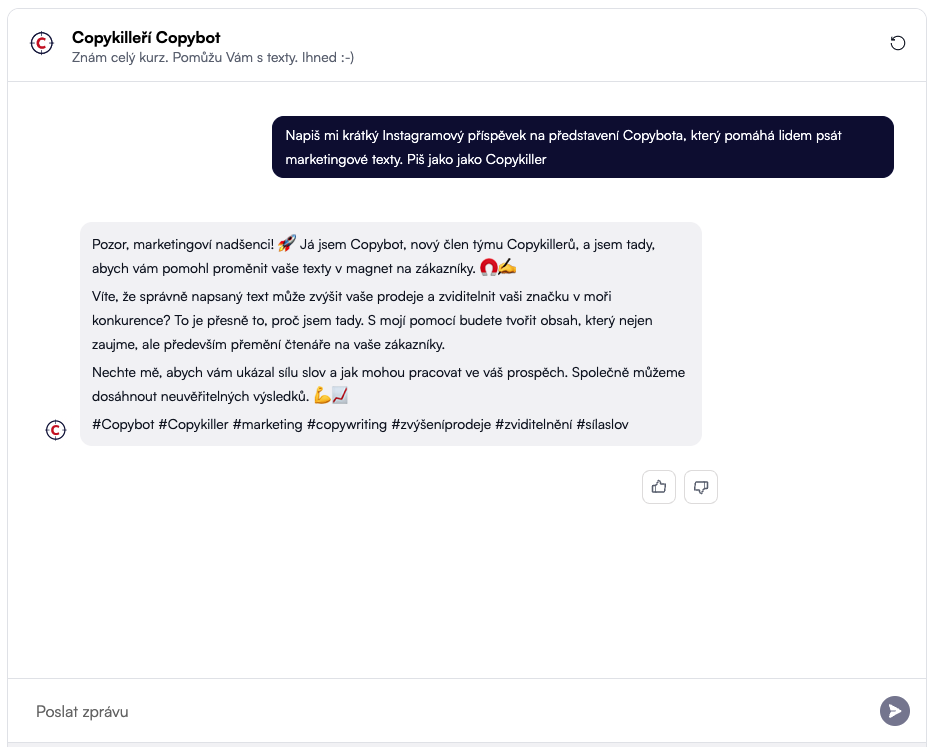 Copybot aplikace – ukázka textu podle metodiky Copykiller