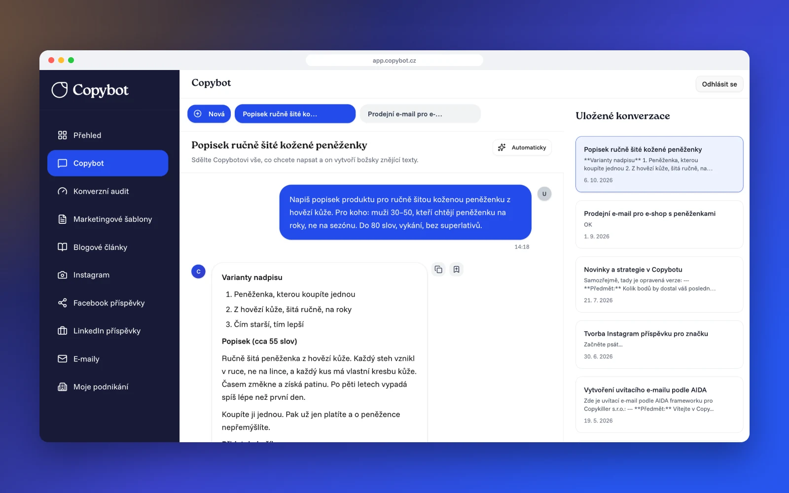 Copybot chat: popisek produktu se třemi variantami nadpisu
