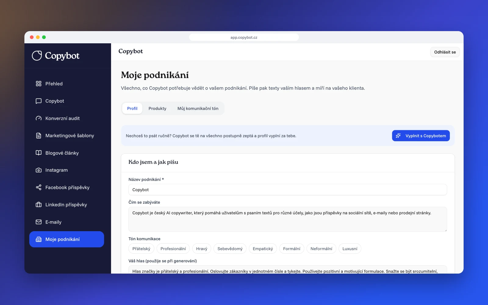 Copybot: profil podnikání v sekci Moje podnikání