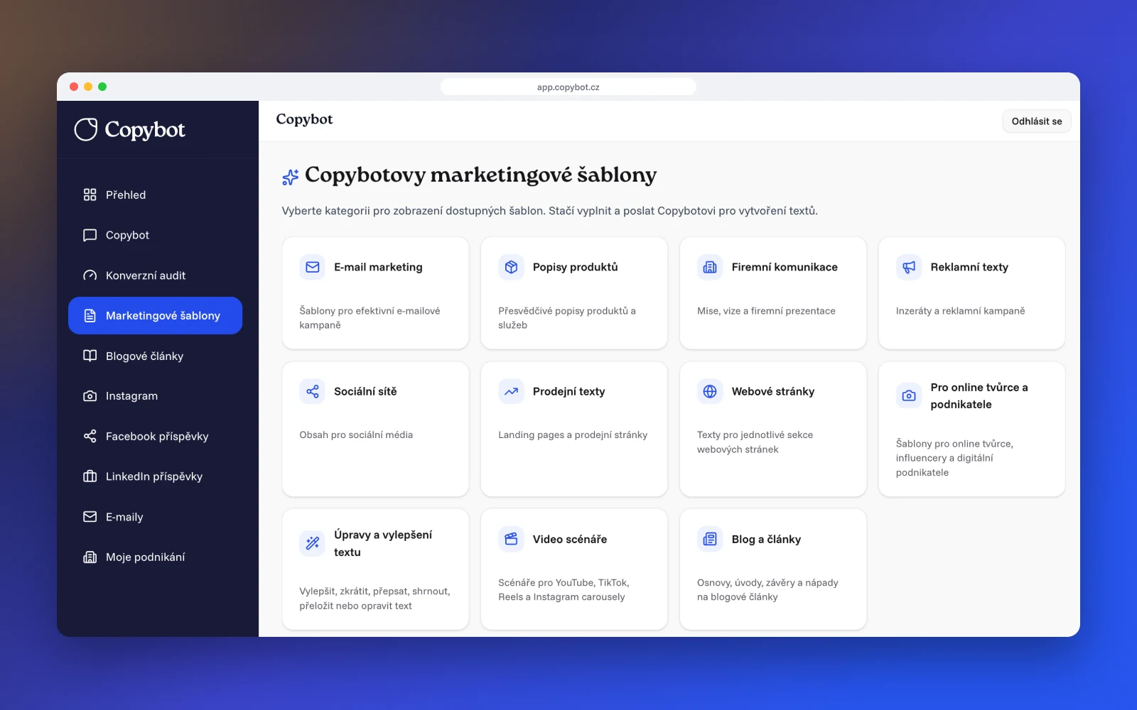 Copybot: přehled marketingových šablon v 11 kategoriích