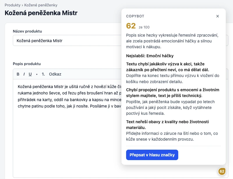 Rozšíření Copybot v Chromu hodnotí popisek produktu přímo v administraci e-shopu