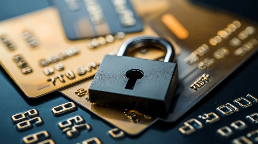 Cartes bancaires sécurisées avec un cadenas, représentant la protection contre la fraude et l’usurpation d’identité financière.