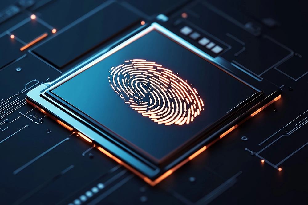 Représentation numérique d’une empreinte digitale sur une puce électronique, symbolisant la sécurité et l’identité numérique.