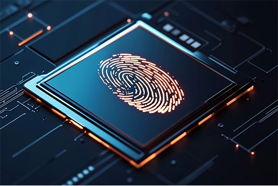 Représentation d’une empreinte digitale sur une puce électronique, symbolisant la sécurité et l’identité numérique.