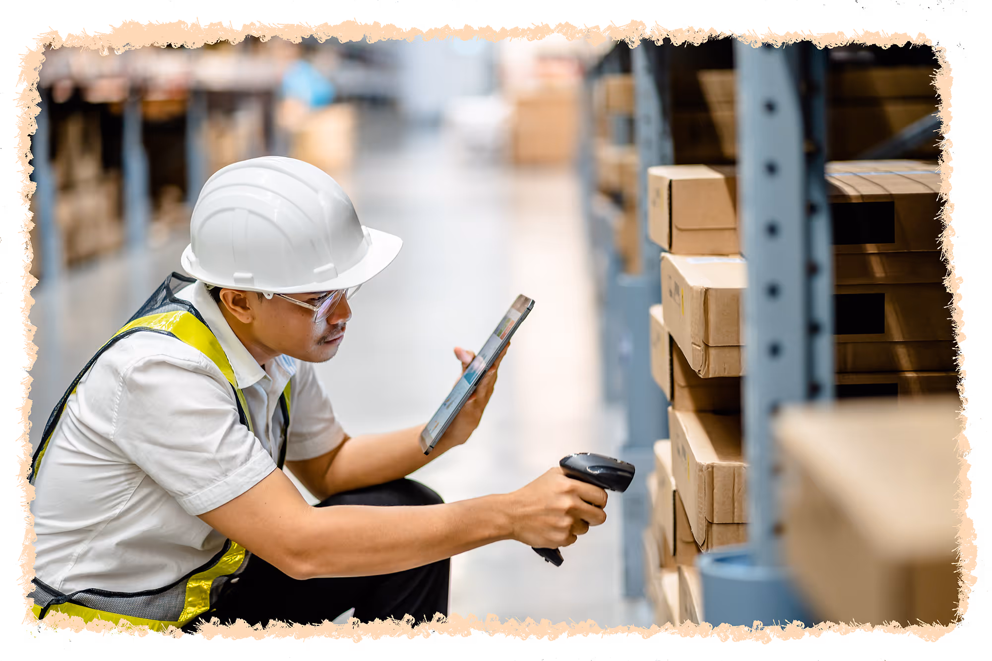 Warehouse worker wearing a white hard hat and safety vest scanning boxes with a barcode scanner while holding a tablet.