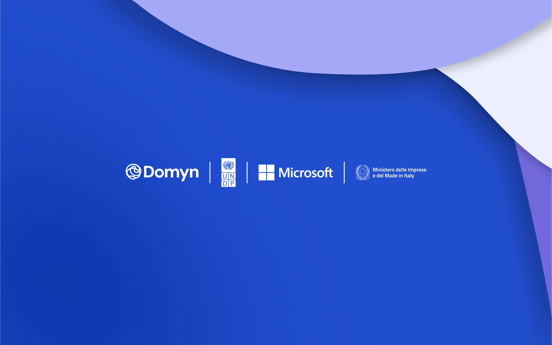 Purple geometric shapes with UNDP, Microsoft, MIMIT, Domyn logos