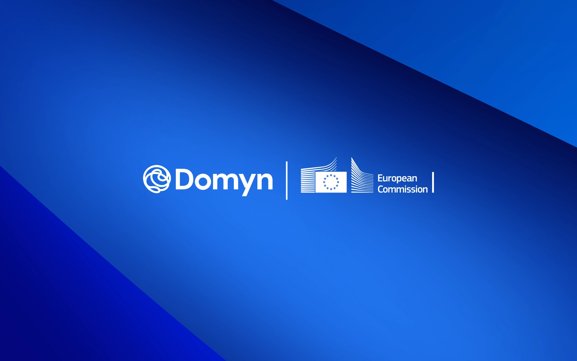 Domyn and the Europea Commission logos with abstract blue shapes in the background