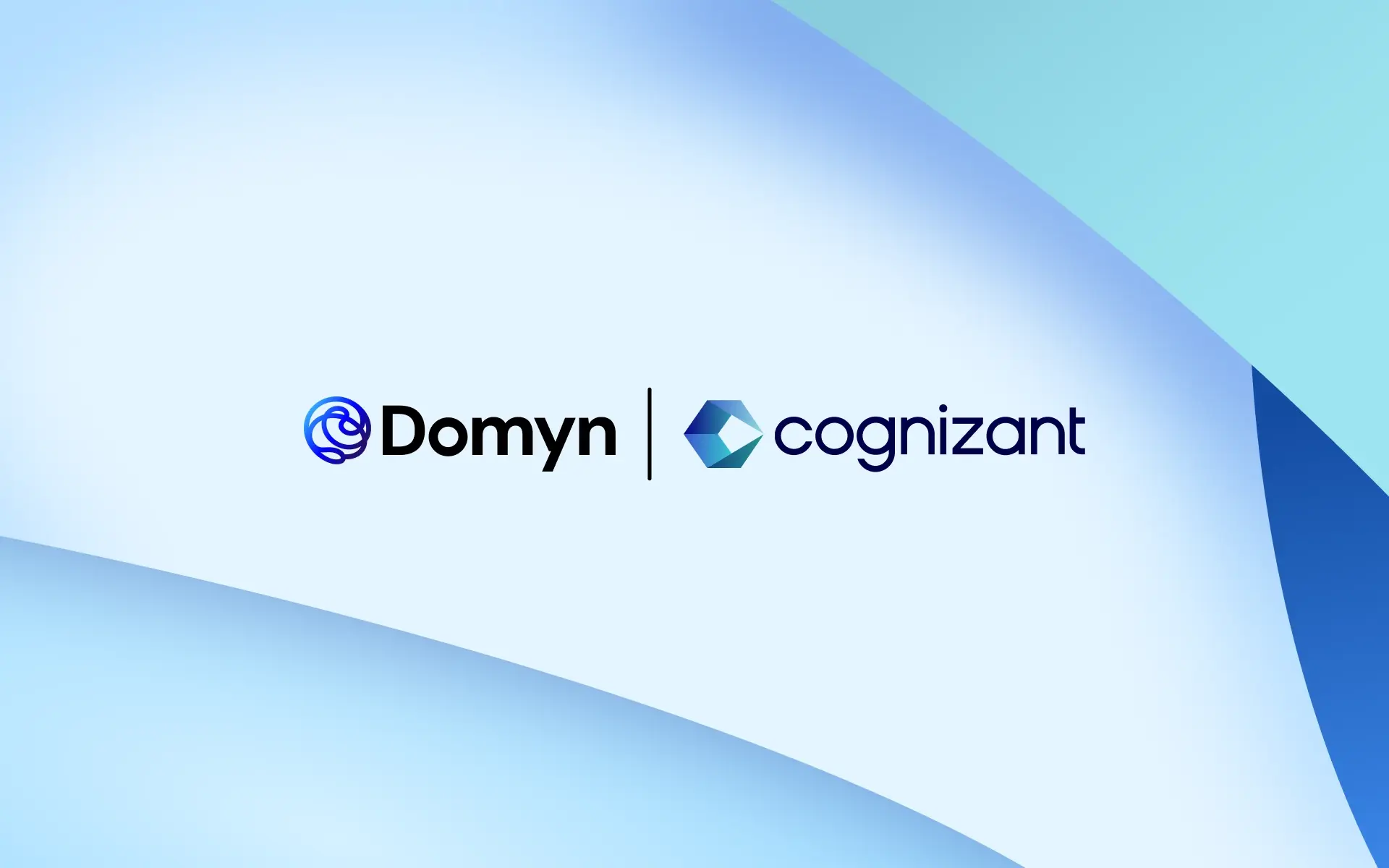 Domyn and Cognizant logos with abstract blue shapes in the background