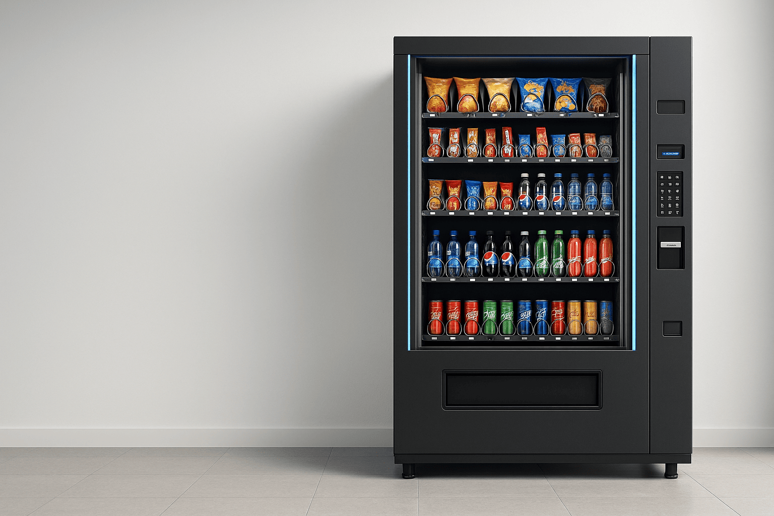 Moderne vendingmachine gevuld met snacks en dranken, geplaatst op locatie bij bedrijf of sportschool door Vending4You