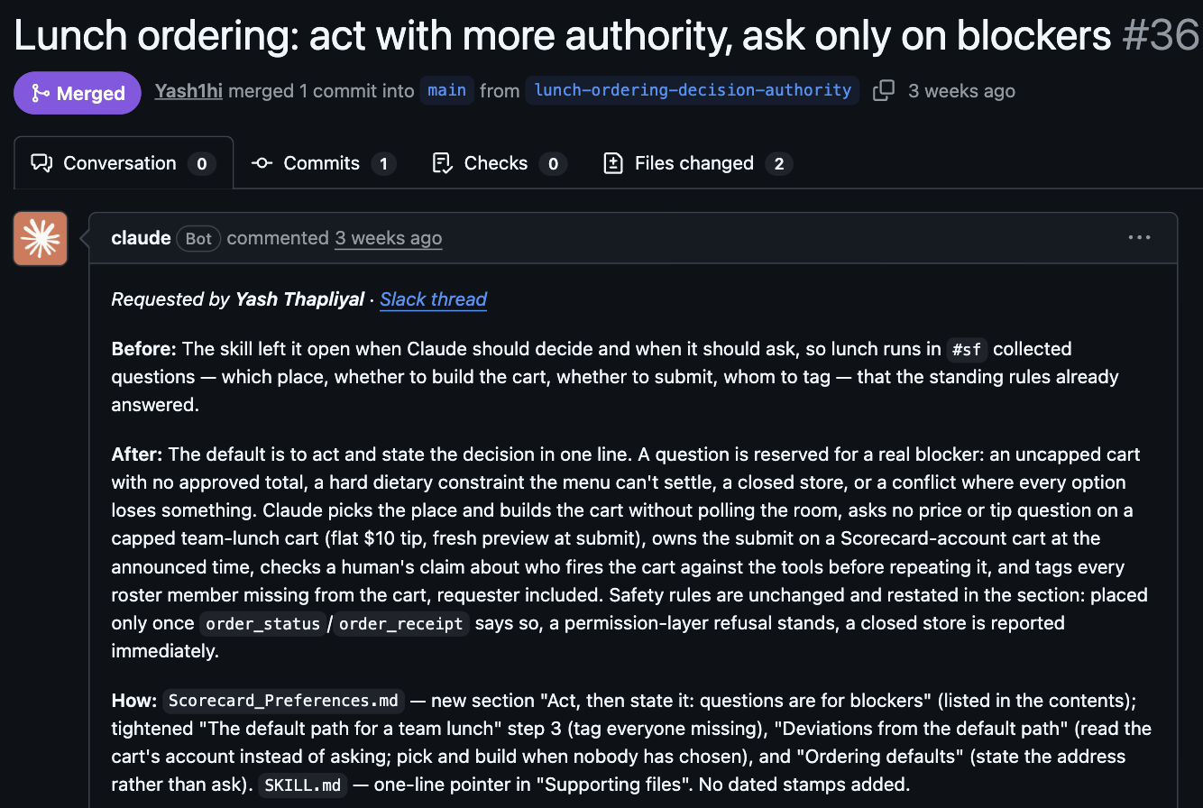 Claude's merged pull request #36 in our skills repo, "Lunch ordering: act with more authority, ask only on blockers", requested by Yash