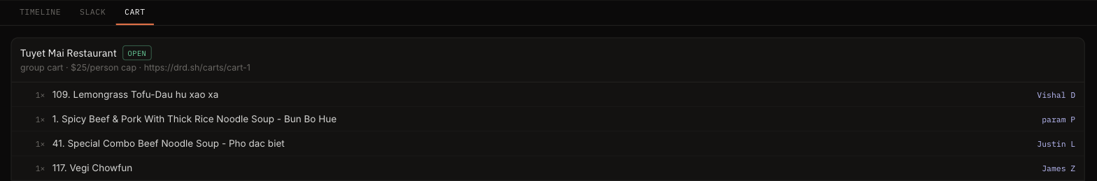 Autoloop's Cart tab during a replay: an open group cart at Tuyet Mai Restaurant with a $25 per-person cap, each dish labeled with the teammate who added it