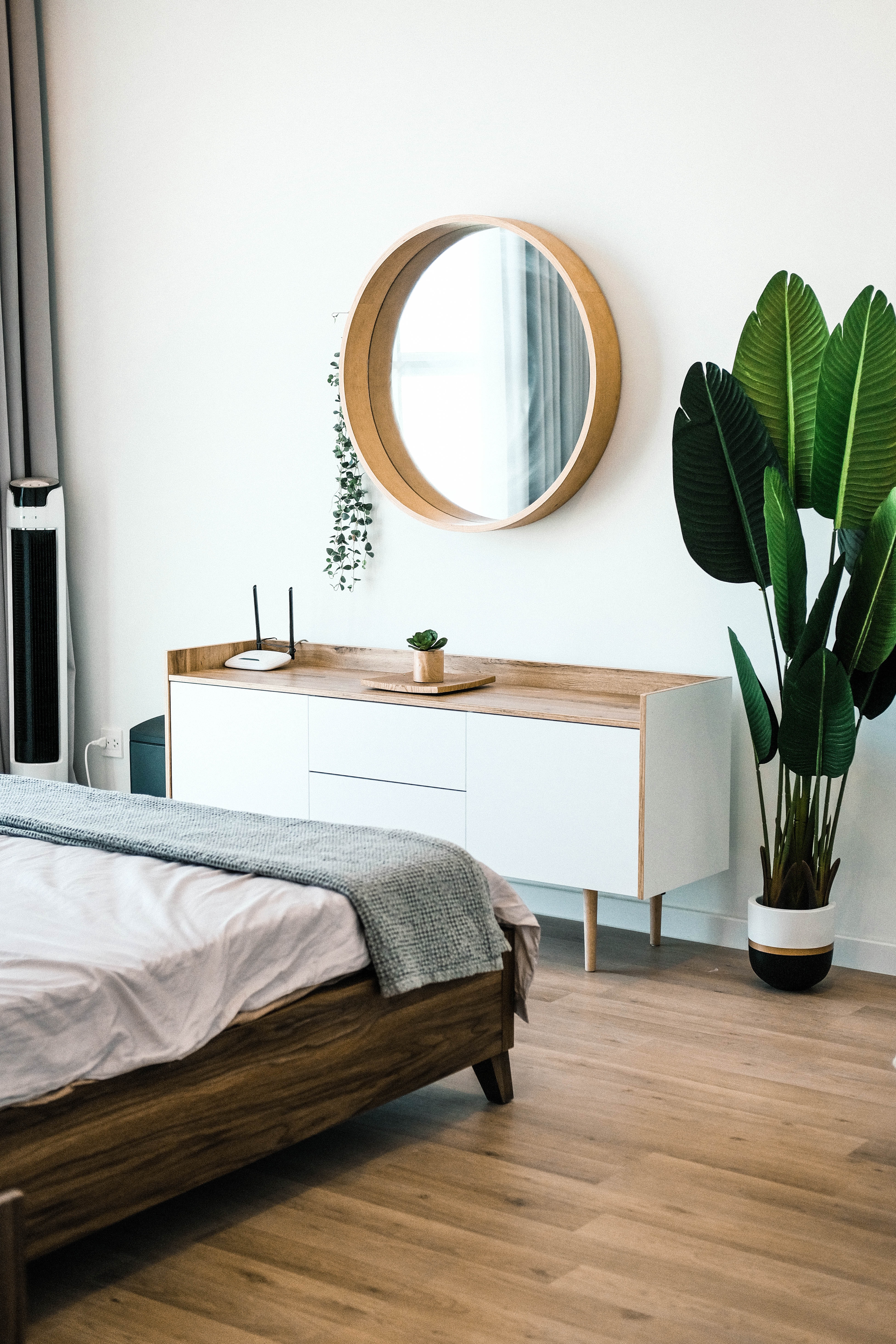 Modern home bedroom with bright, airy light.